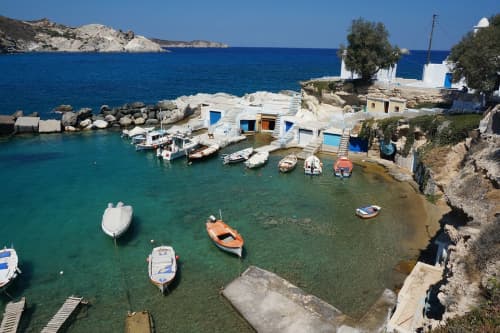 A photo of Milos Island taken from the sky during the day