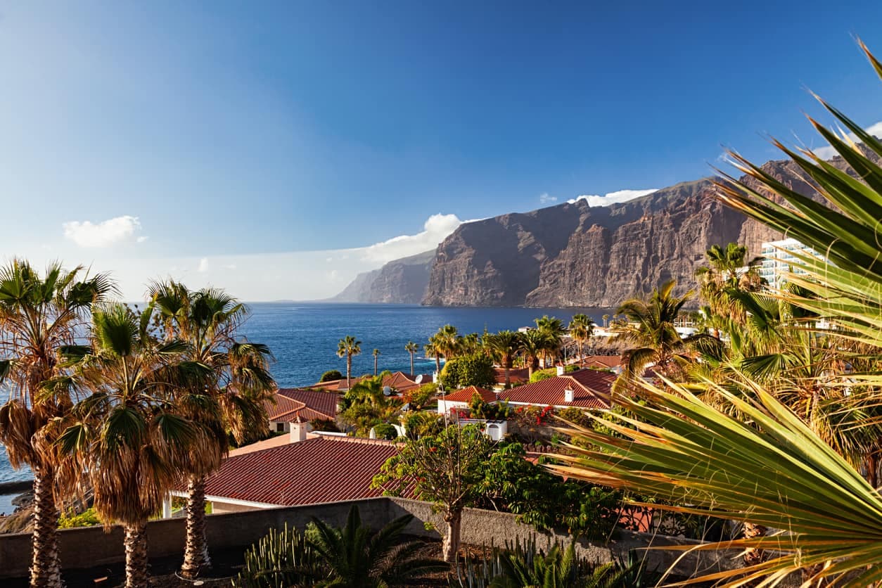 Blick auf Los Gigantes auf Teneriffa mit Palmen, Häusern mit roten Dächern und steilen Klippen am Atlantik.