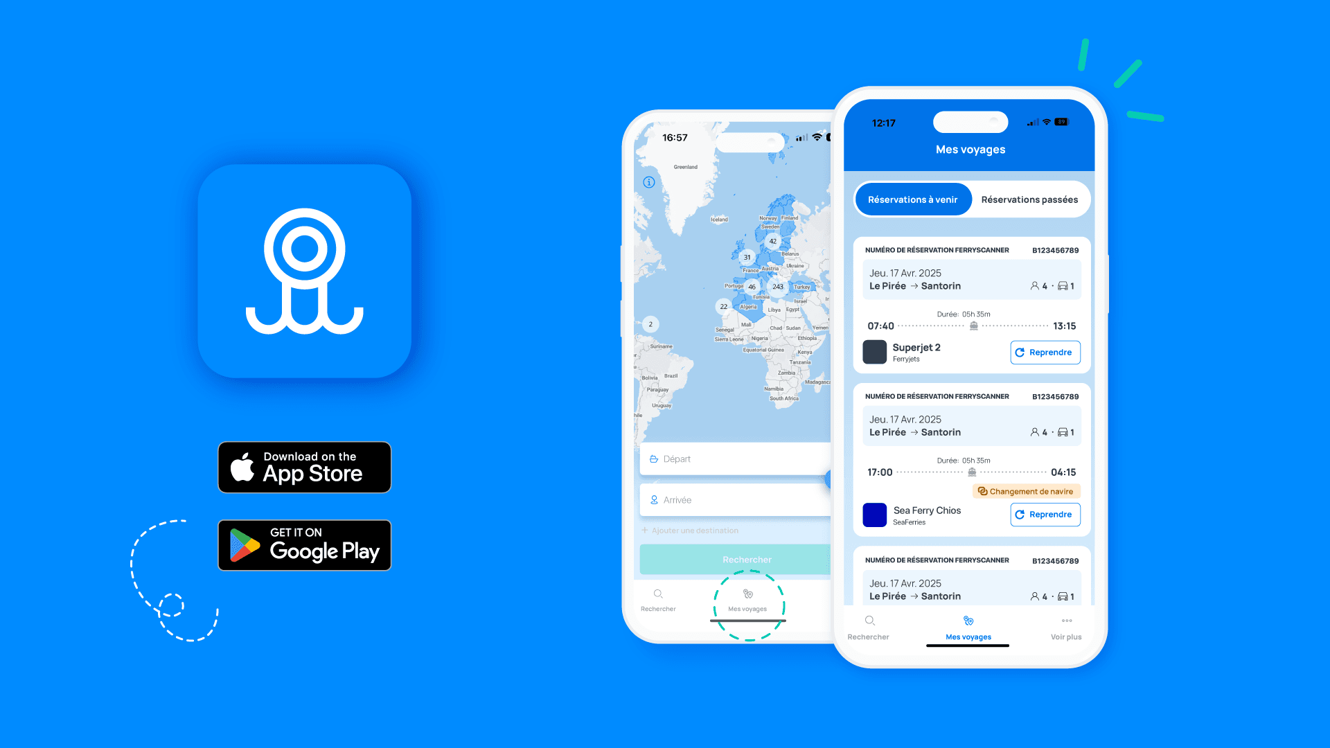 L'image montre l'interface de l'application : une carte des îles grecques et un exemple de billet. À gauche se trouvent les logos de l'App Store et du Google Play Store.