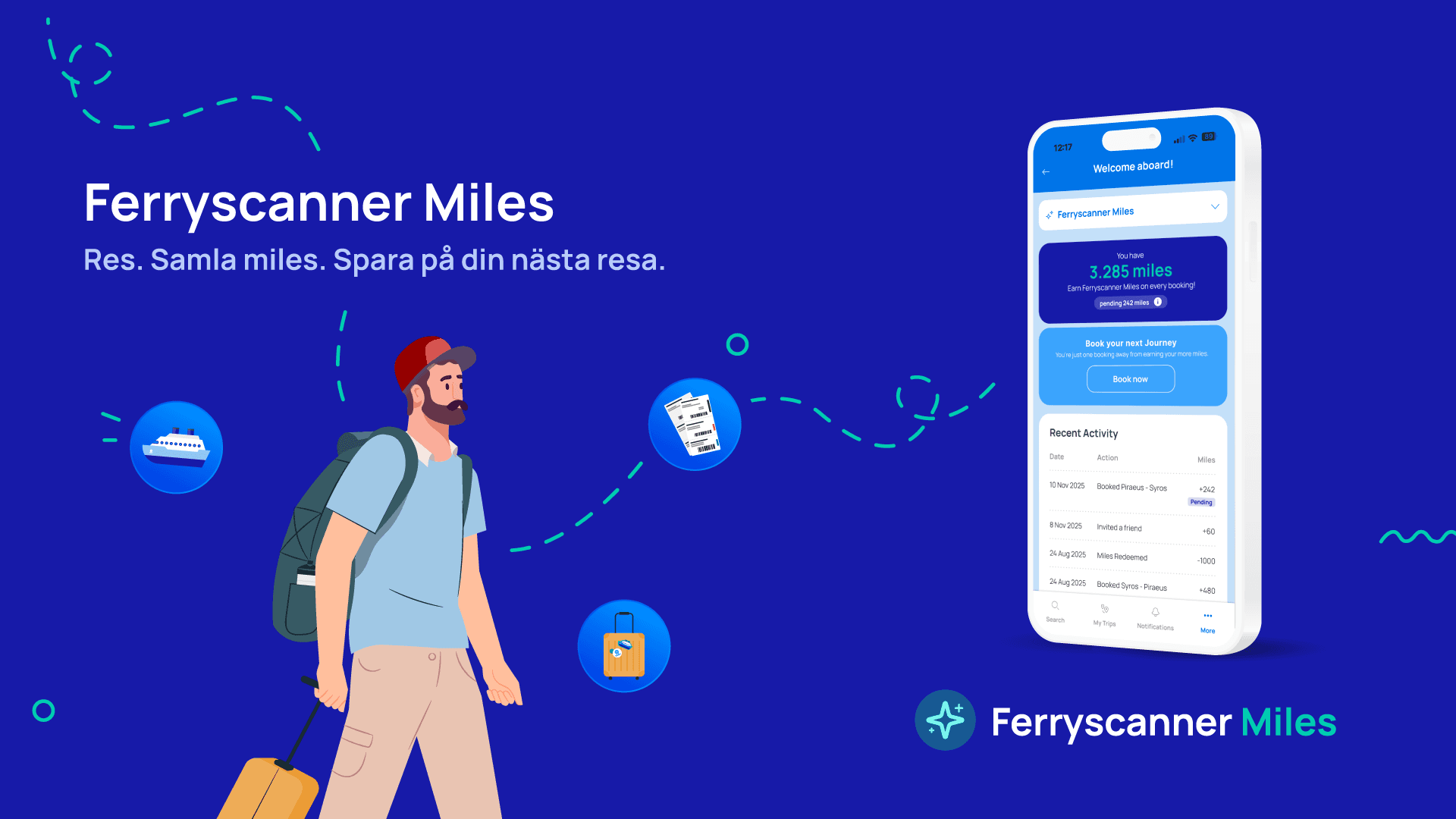 Illustration av Ferryscanner Miles mobilapp som visar intjänade miles och resebelöningar