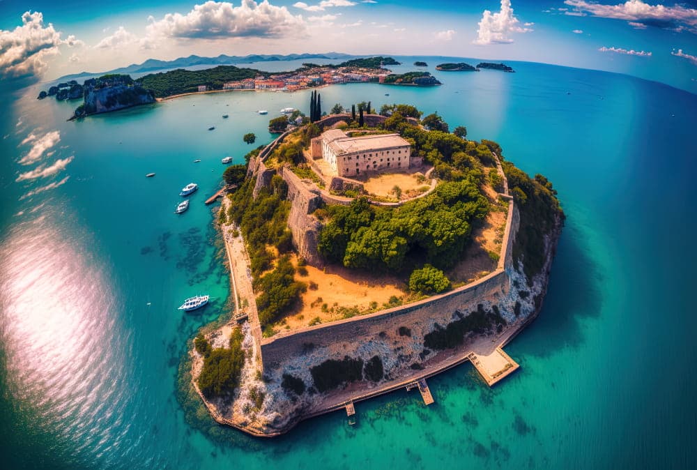 Une île fortifiée entourée d'une mer turquoise, avec une nature luxuriante et un bâtiment ancien en son centre.