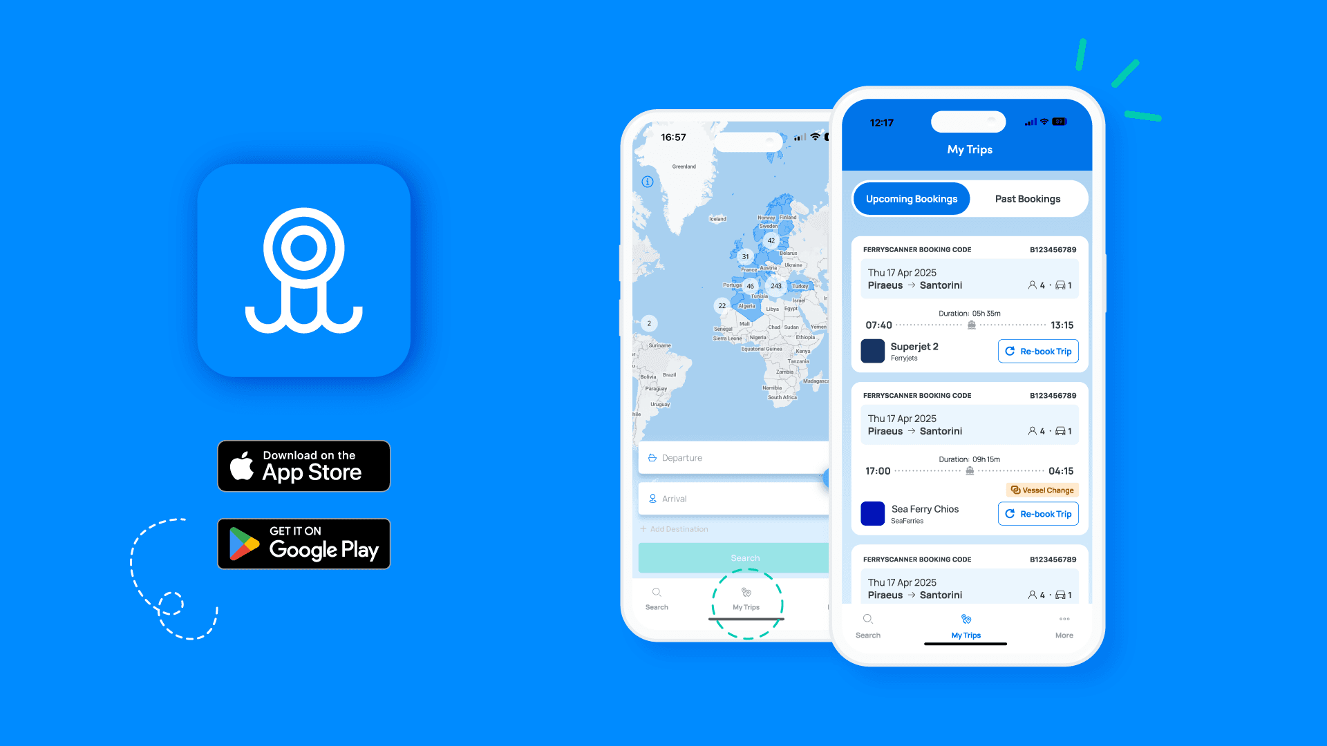 Das Bild zeigt die Benutzeroberfläche der App, eine Karte der griechischen Inseln und ein Beispiel für ein Ticket. Auf der linken Seite befindet sich das Logo des App Store und des Google Play Store.