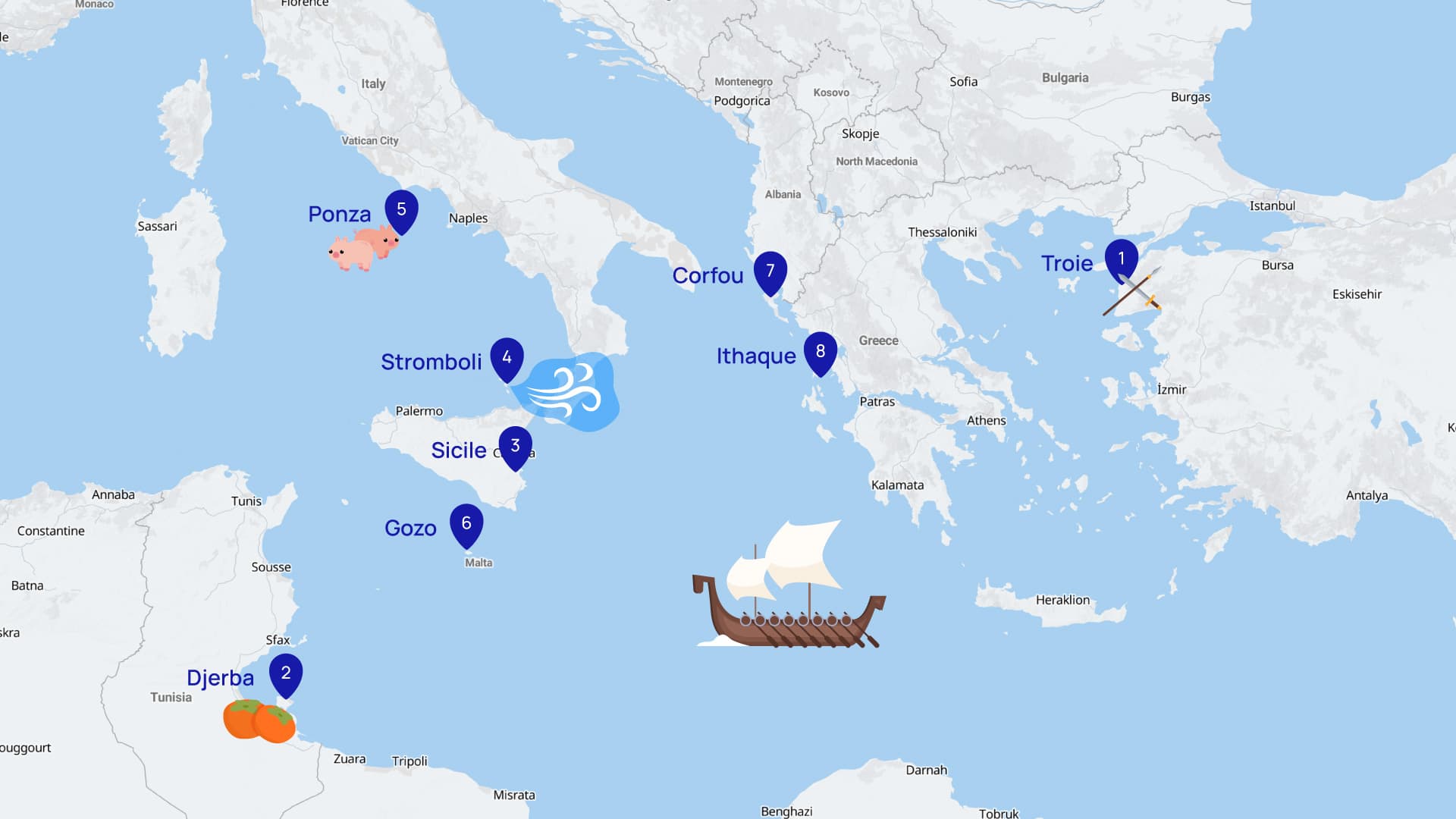 Les différentes étapes d'Ulysse dans la mer Méditerranée.
