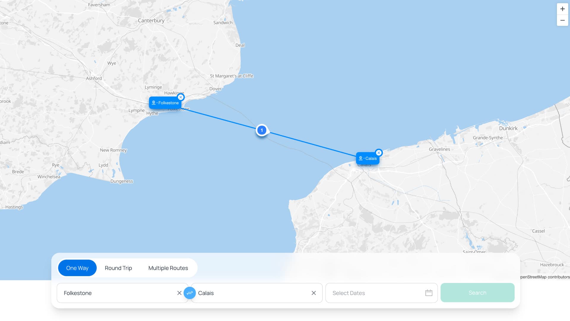 En karta som visar rutten mellan Folkestone UK och Calais Frankrike