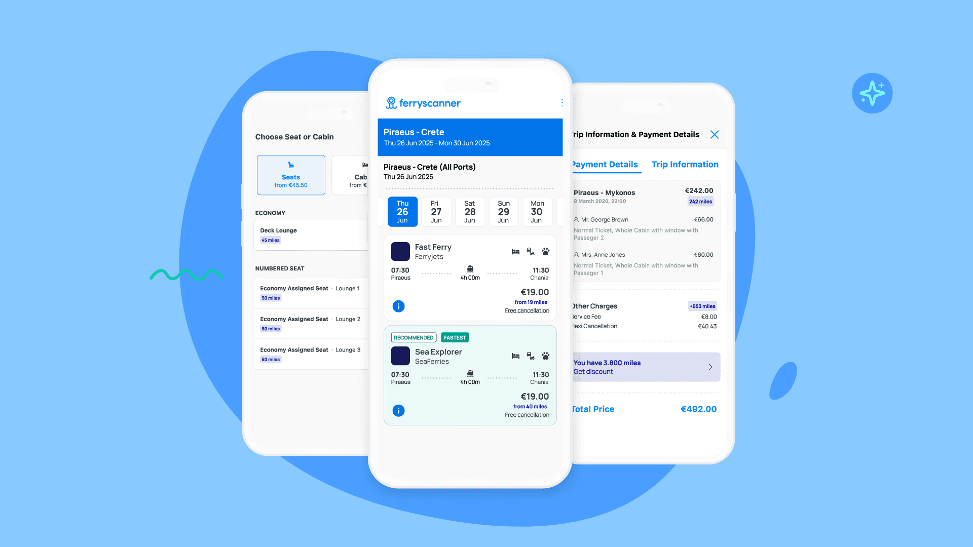 Ferryscanner booking interface displaying ferry options and miles discount applied at checkout.