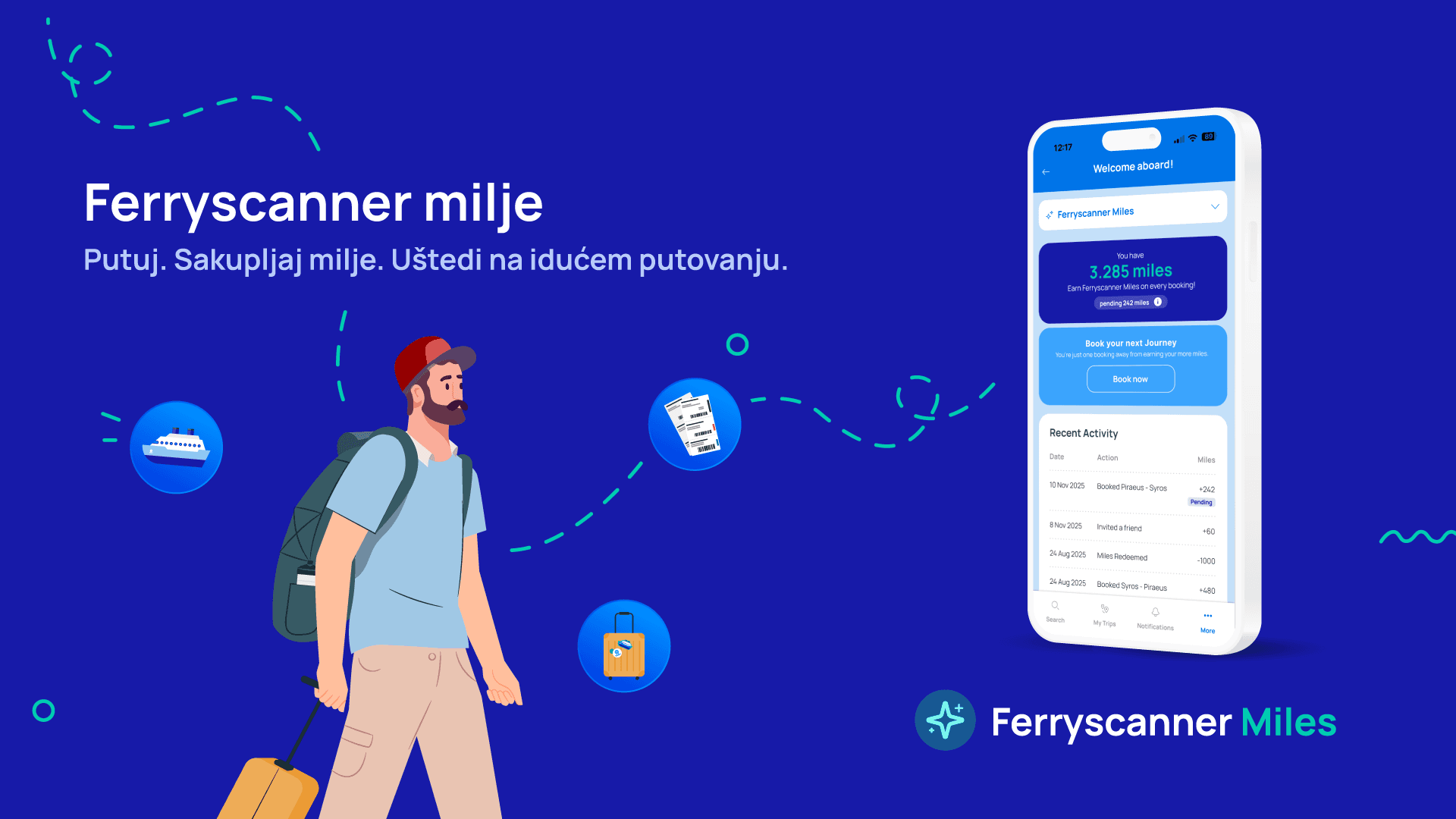 Ilustracija Ferryscanner Miles mobilne aplikacije s prikazom skupljenih milja i nagrada za putovanja