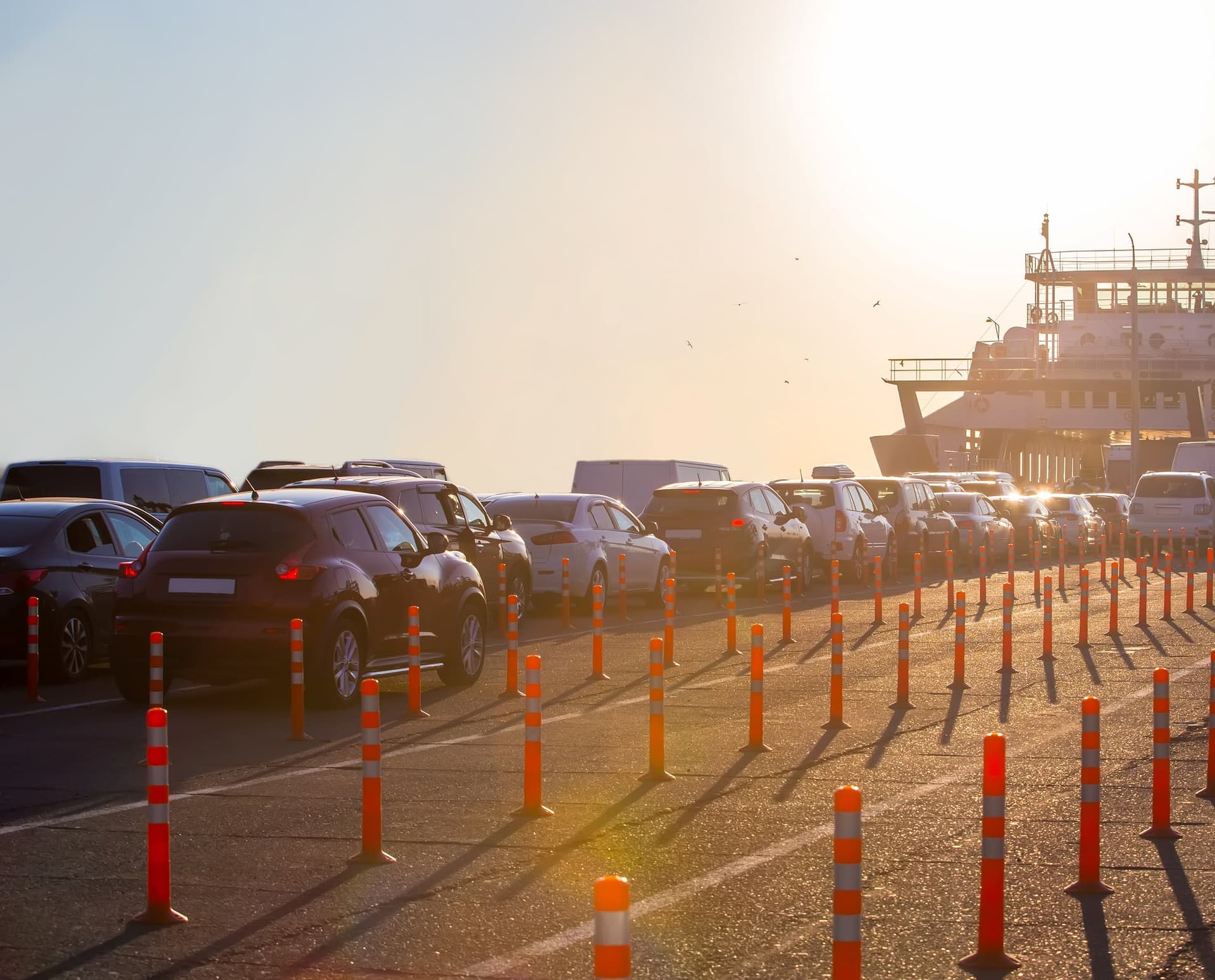 Cars waiting in line to board a ferry.